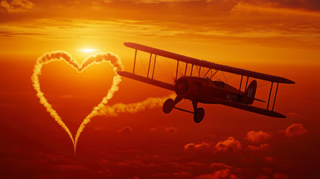 Heart shaped plane flying in the sky at sunset. 3D renderingの素材
