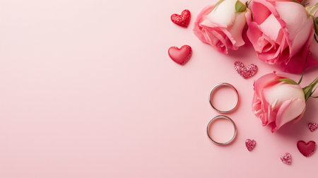 Wedding rings and pink roses on a pink background with copy spaceの素材