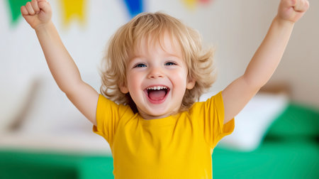 Portrait of a happy little boy with raised arms in the roomの素材