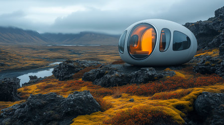 3d rendering of an alien spaceship on a lava field in Icelandの素材