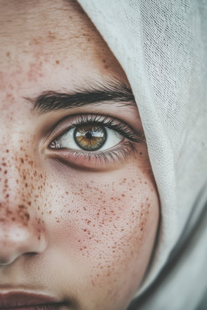 Close up of beautiful young woman's face with freckles and green eyesの素材