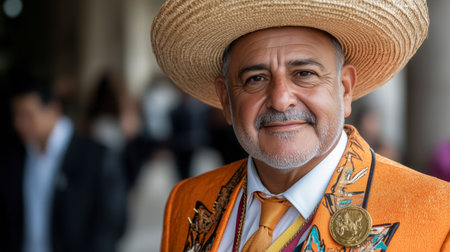 Portrait of an old man in a straw hat with a silver medalの素材