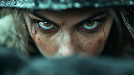Close-up portrait of a woman with blood on her face.の素材
