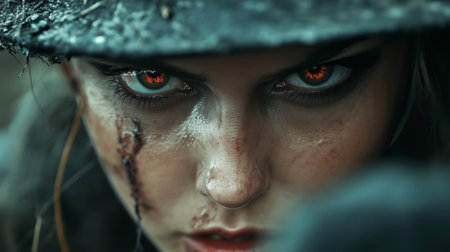 Portrait of a girl in a hat with blood on her faceの素材