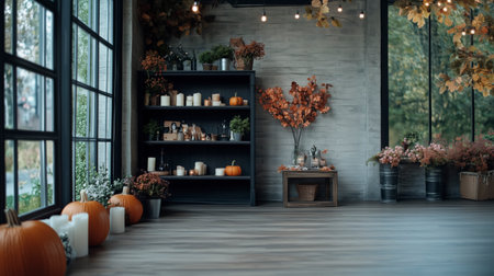 Beautiful halloween interior with pumpkins, candles and decorationsの素材