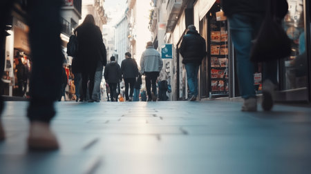 A busy city street with people walking and carrying bags. Scene is bustling and lively. AI generated.の素材