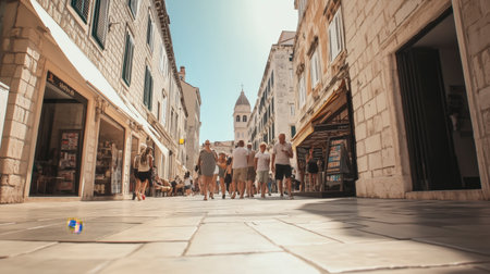 A group of people are walking down a street in a foreign city. The street is lined with shops and people are carrying handbags. The scene is lively and bustling. AI generated.の素材