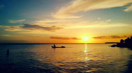 A boat is floating on the water near the shore. The sky is orange and the sun is setting. AI generated.の素材