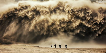 A group of people are walking on a beach in front of a huge wave. Scene is one of danger and excitement, as the people are in the midst of a powerful natural event. AI generated.の素材