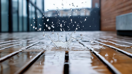 A raindrop falls on a wooden floor, creating a small splash. Concept of calm and tranquility, as the raindrop gently lands on the surface. The wooden floor adds a warmth. AI generated.の素材