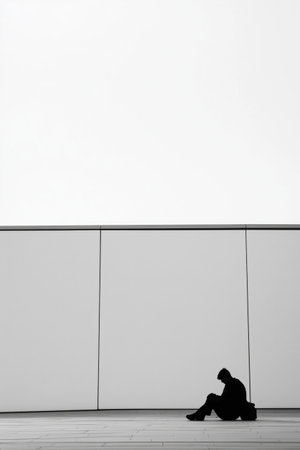 A man sits on the ground with his legs crossed and a backpack on his lap. He is reading a book or looking at his phone. The scene is quiet and peaceful. AI generated.の素材