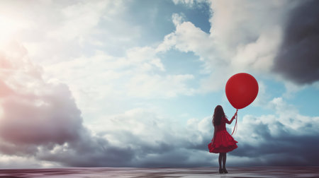 A girl is holding a red balloon in the sky. The sky is cloudy and the girl is standing on a rocky surface. AI generated.の素材