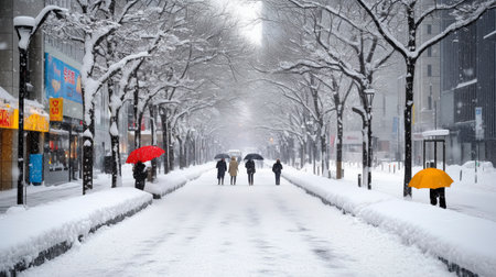 A snowy street with people walking and holding umbrellas. The umbrellas are yellow and red. AI generated.の素材