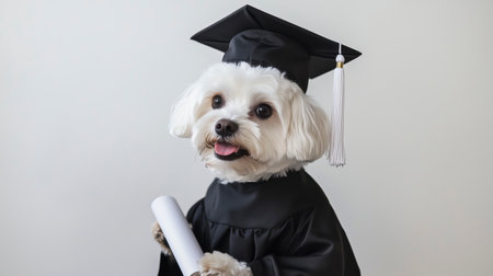 A dog is wearing a graduation cap and gown and holding a diploma. Concept of accomplishment and pride, as the dog is dressed up for a special occasion. AI generated.の素材