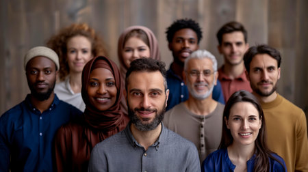 A group of people are smiling for the camera. The group is diverse, with people of different races and genders. Scene is positive and welcoming, as the people are all smiling. AI generated.の素材