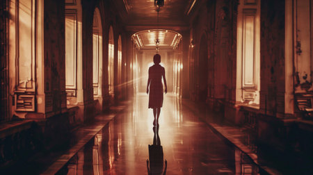 Silhouette of a woman walking in the corridor of a hotel.の素材