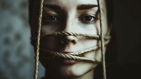 Close-up portrait of a young woman tied up with a ropeの素材