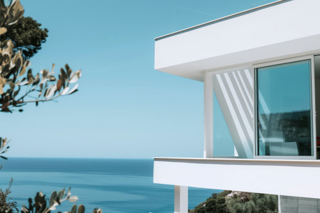 A white building with a balcony overlooking the ocean. The balcony has a large window that lets in a lot of natural light. The building is situated on a hill. AI generated.の素材