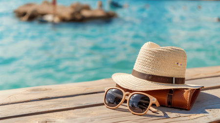 Straw hat and sunglasses on a wooden table in front of the seaの素材