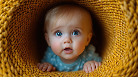Cute baby boy with blue eyes in a wicker basket.の素材