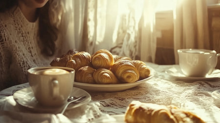 Breakfast with coffee and croissants in the morning light.の素材
