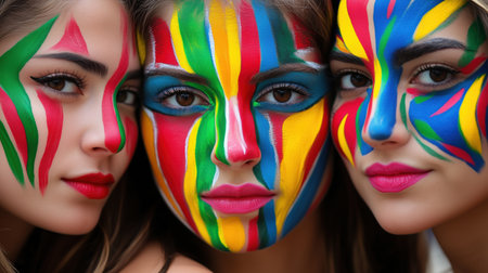 close-up portrait of three beautiful girls with multicolored makeupの素材