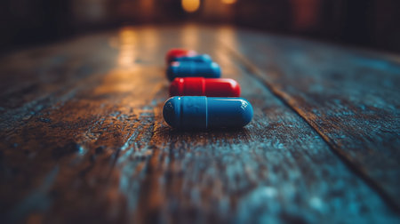 Colorful pills on wooden table. Selective focus. Toned.の素材