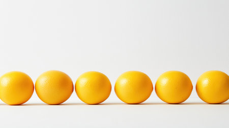 Row of oranges are lined up on a white background. The oranges are all the same size and color, creating a sense of uniformity and order. The image conveys a feeling of simplicity. AI generatedの素材