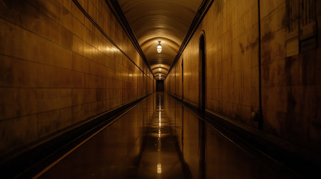 Long, narrow hallway with a light shining down on it. The hallway is empty and the light is the only source of illumination. AI generatedの素材