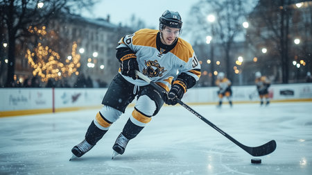 Hockey player in a black and yellow jersey is skating on a rink. The player is in the middle of a game and is holding a hockey stick. AI generatedの素材