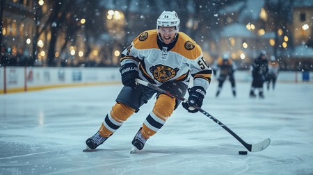 Hockey player in a yellow and black jersey is skating on the ice. The player is wearing a black helmet and black gloves. AI generatedの素材