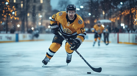 Hockey player in a yellow jersey is skating on the ice with a black and white striped jersey. AI generatedの素材
