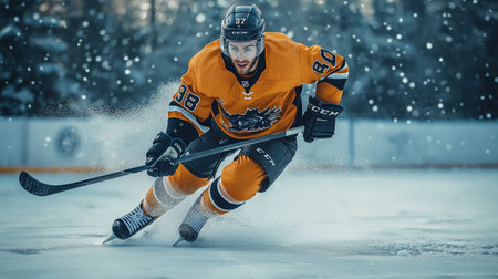 Hockey player in an orange jersey is skating on the ice. The player is wearing a helmet and gloves. AI generatedの素材