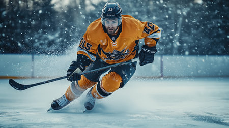 Hockey player in a yellow jersey is skating on the ice. He is wearing a black helmet and black gloves. AI generatedの素材