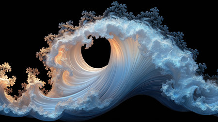 Wave with a hole in the middle. The wave is blue and white. The water is choppy and the sky is dark. AI generatedの素材