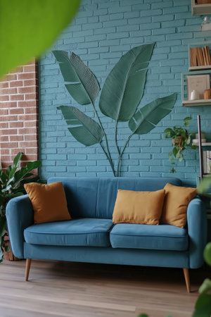 Blue couch with yellow pillows sits in front of a wall with a green leafy plant. AI generatedの素材
