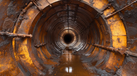 Tunnel with a lot of rust and dirt. The tunnel is very narrow and has a lot of water in it. AI generatedの素材