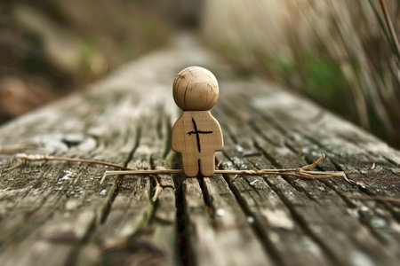 Wooden cross figure is sitting on a wooden bench. The bench is on a path and the figure is looking off into the distance. AI generatedの素材