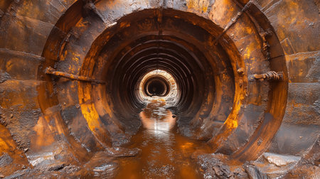 Tunnel with a lot of rust and water. The tunnel is very narrow and the water is murky. AI generatedの素材