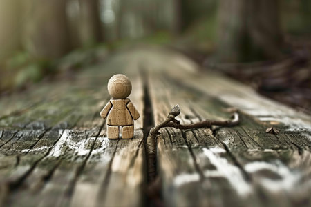 Wooden figure is standing on a wooden bridge. The bridge is old and worn, with a few leaves scattered on the ground. The figure appears to be lonely and isolated. AI generatedの素材
