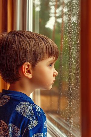 Young boy is looking out a window, watching raindrops fall. Concept of loneliness and longing, as the boy seems to be longing for something or someone. AI generatedの素材