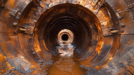 The tunnel is dirty and rusty. The water is brown and murky. The tunnel is long and narrow. AI generatedの素材