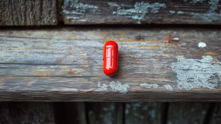 Red pill sits on a wooden surface. The pill is small and round, and it is a medication. Concept of calmness and simplicity, as the pill is the only object in the scene. AI generatedの素材