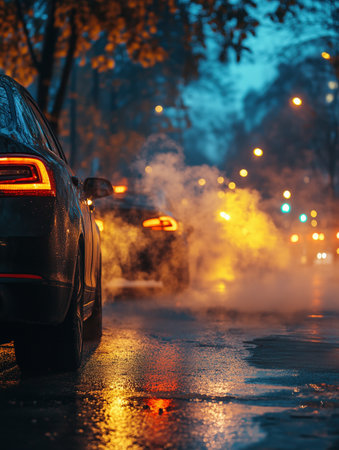 Car is driving down a wet street with smoke coming out of its tailpipe. The scene is dark and moody, with the smoke adding to the sense of danger and unease. AI generatedの素材