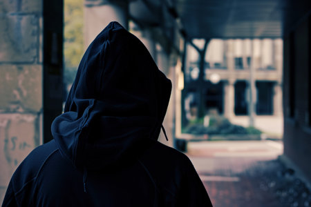Person wearing a black hoodie is walking down a street. The hoodie is pulled up over their head, and they are looking down. The image has a moody and somewhat ominous feel to it. AI generatedの素材