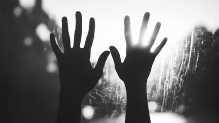Two hands reaching for sunlight through dirty window, creating evocative black and white image of hope and despair. Ai generatedの素材