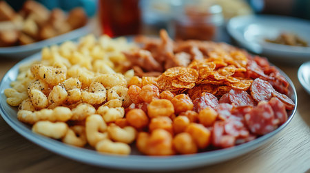 Large plate presenting an assortment of crunchy snacks and sliced sausage, perfect for sharing during a casual get-together. Ai generatedの素材