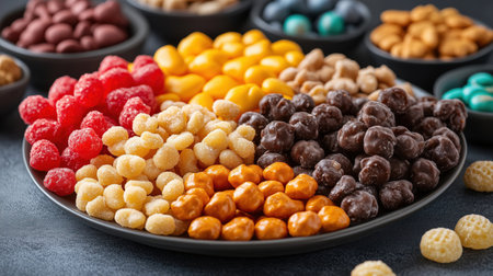 Assorted colorful candies and chocolate on a black serving dish, offering a variety of sweet treats for a festive celebration. Ai generatedの素材