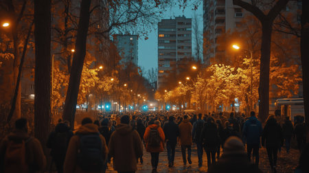 People walking down illuminated street at dusk between apartment buildings and trees. Ai generatedの素材