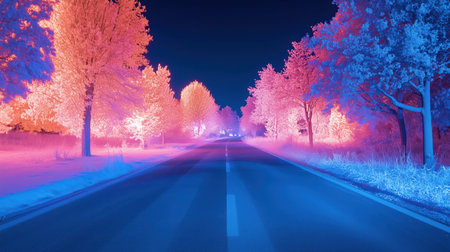 Infrared image of a paved road at night with pink and blue lit trees on each side. Ai generatedの素材